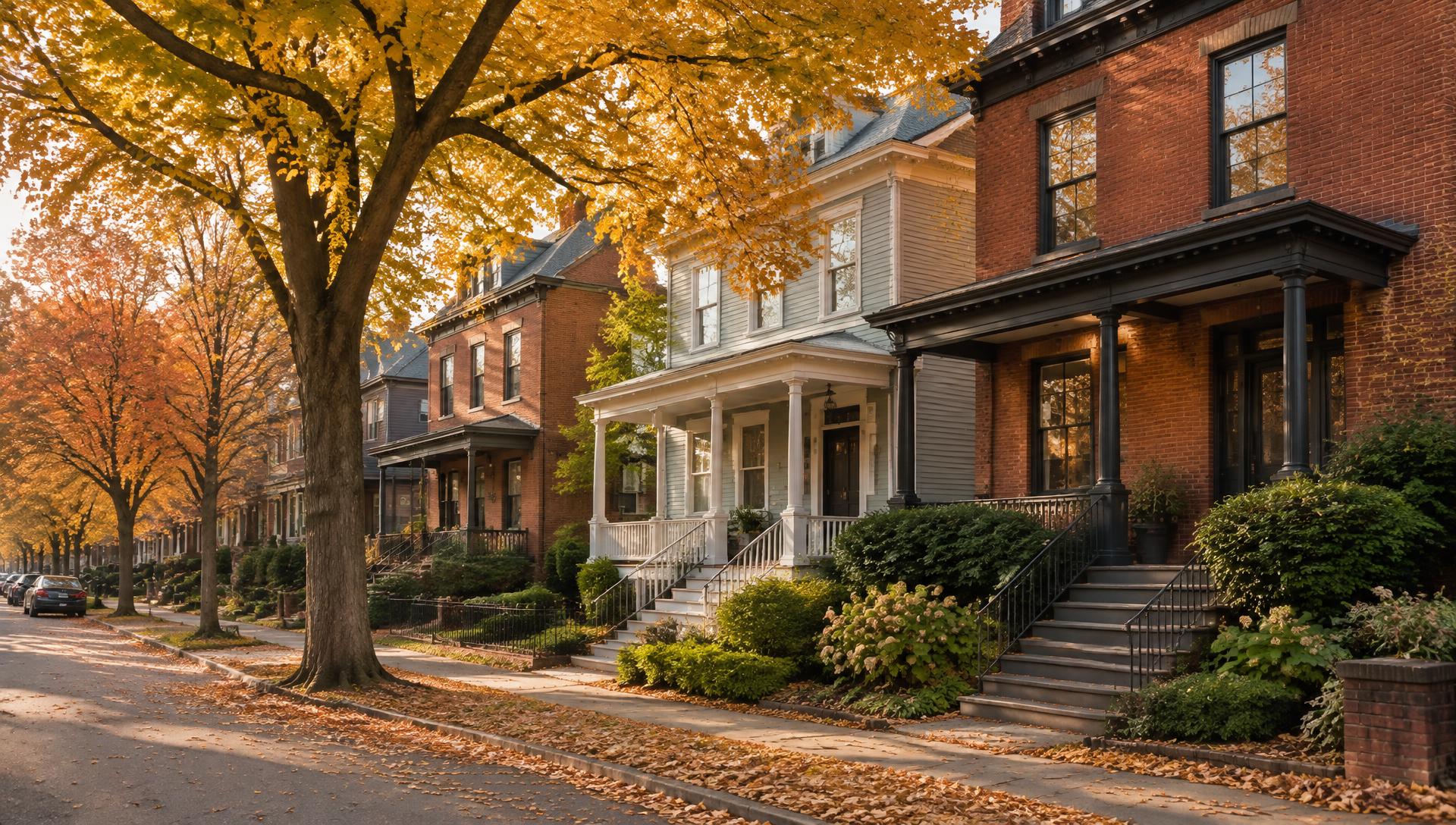 Tree-lined New York street of brick and clapboard homes in autumn light