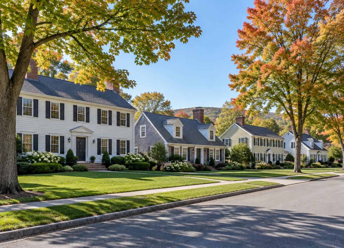 Colonial and Cape Cod homes on a quiet residential street in upstate New York